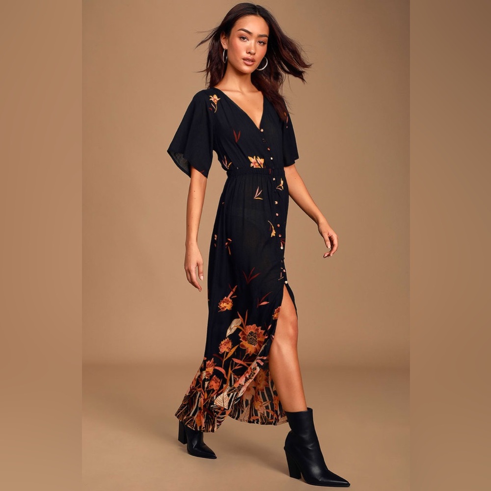 Billabong Short Sleeve Button Front Floral Printed Maxi Dress Black Size Small - Picture 2 of 11